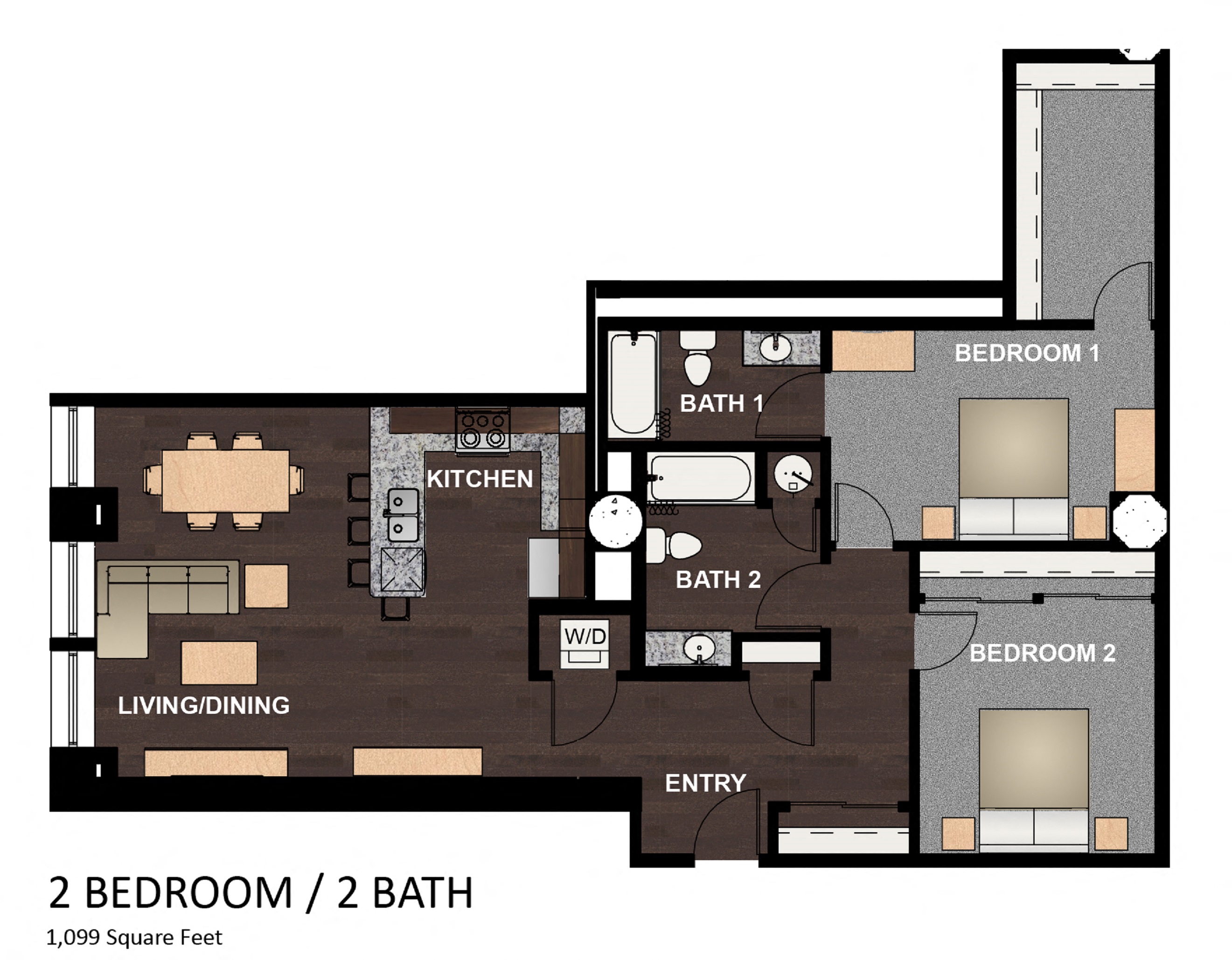 Floor plan for 2 beds, 2 baths, 1099 sqft